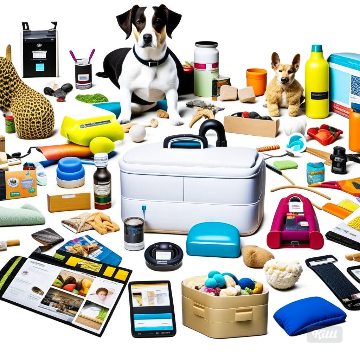 A collage showcasing essential pet supplies, including pet food, bedding, collars, leashes, bowls, toys, grooming supplies, crates, carriers, litter boxes, waste bags, health products, and training supplies.